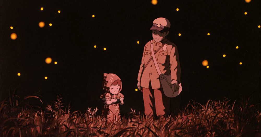 A scene from grave of the fireflies, where the boy is looking down endearingly at his young sister.